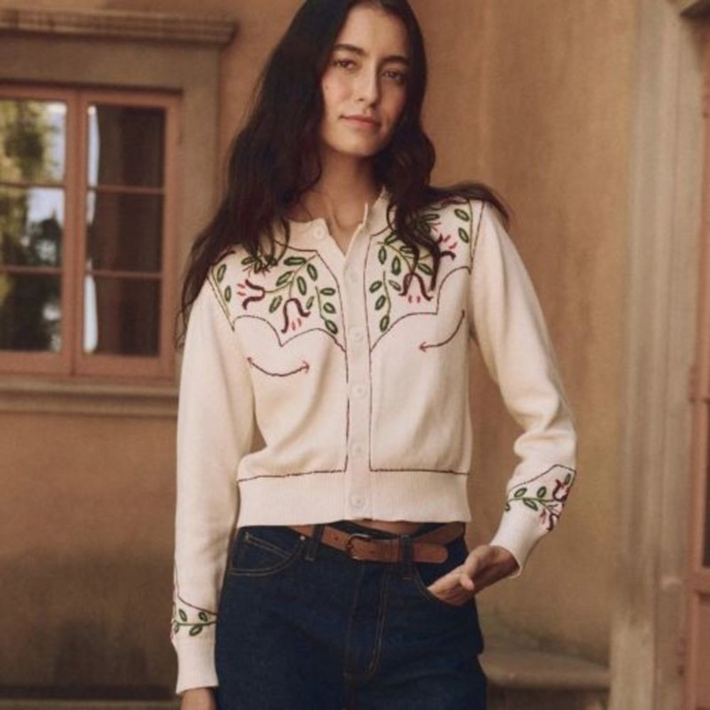 The Great Cardigan Sweater Womens 0 XS Cream Natural The Western Beaded